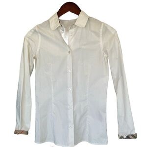 Girl’s Burberry Cream Button-Front Shirt Iconic Plaid Collar and Cuffs 14Y EUC